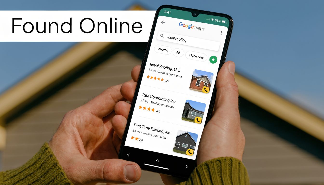 A person holding a smartphone displaying local roofing contractor search results on the Google Maps mobile app.