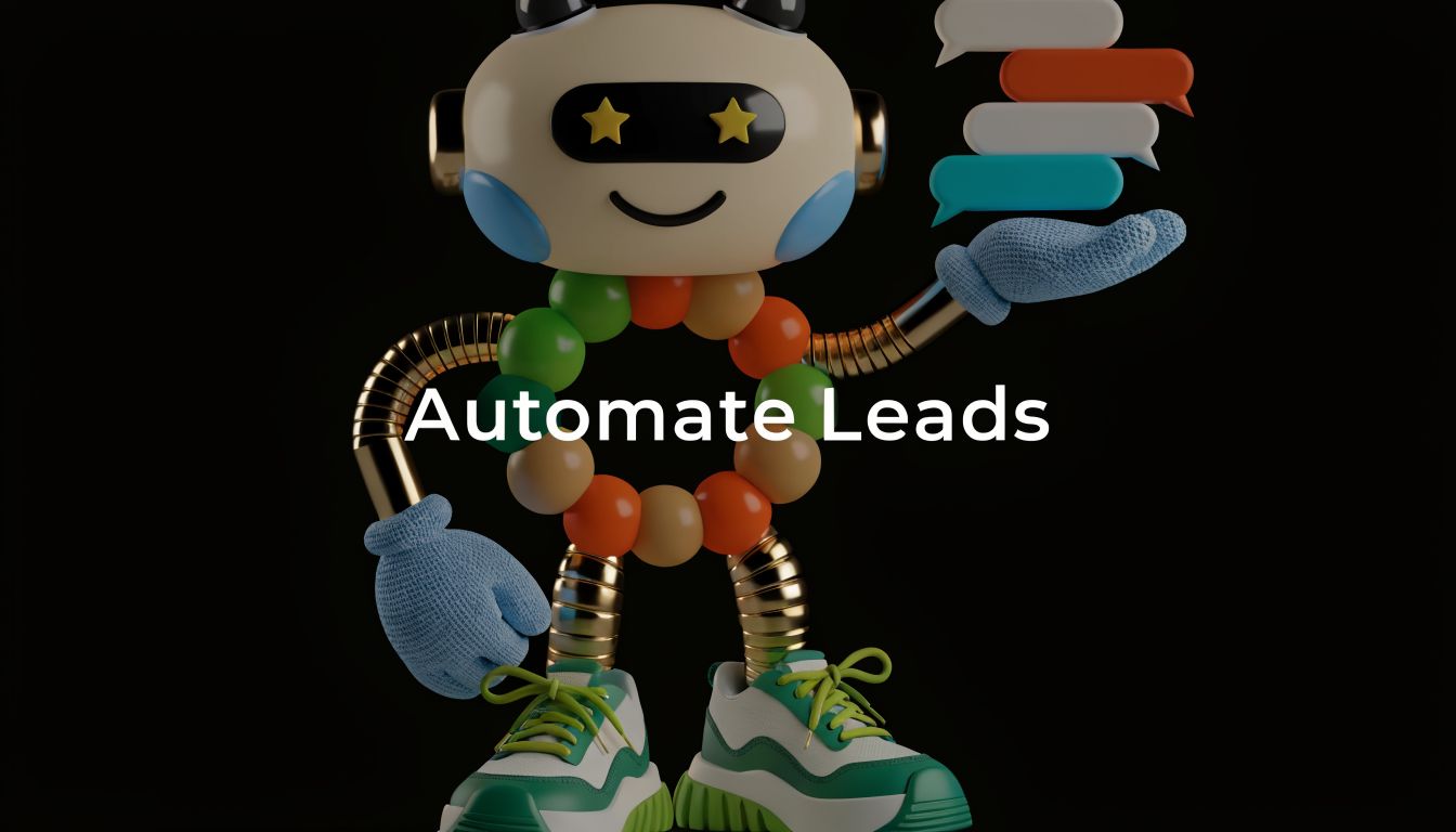 A 3D cartoon robot character holding colorful speech bubbles against a black background with text Automate Leads.
