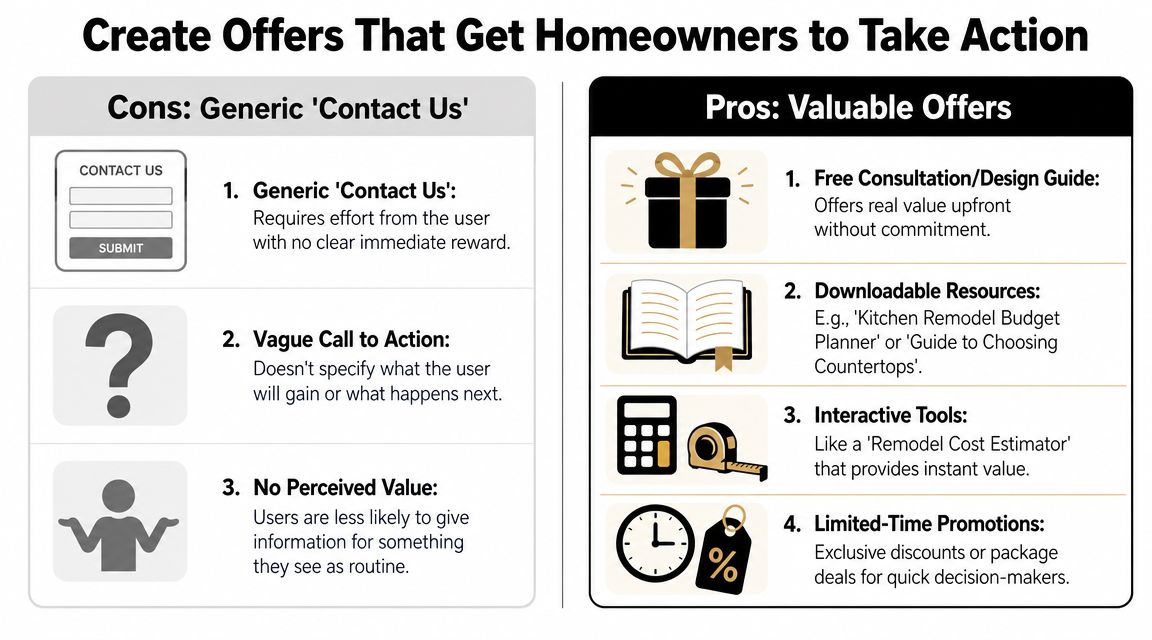 A comparison infographic highlighting the differences between generic contact forms and valuable lead-generating offers for homeowners.