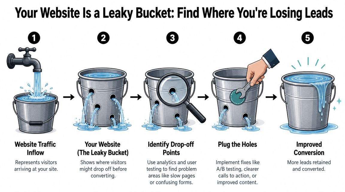 A five-step illustration showing how to identify and plug website leaks to improve user conversion rates.