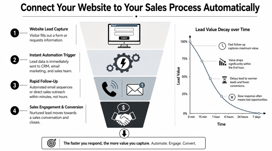 A diagram illustrating how to automatically connect website lead capture to a sales process to maximize conversions.