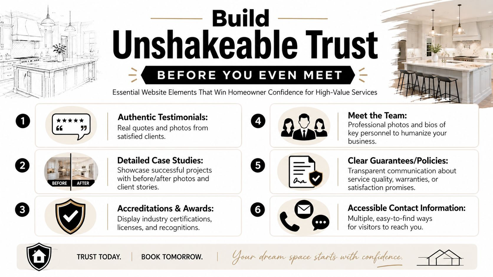 An infographic detailing six essential website elements to build homeowner trust for high-value service businesses.