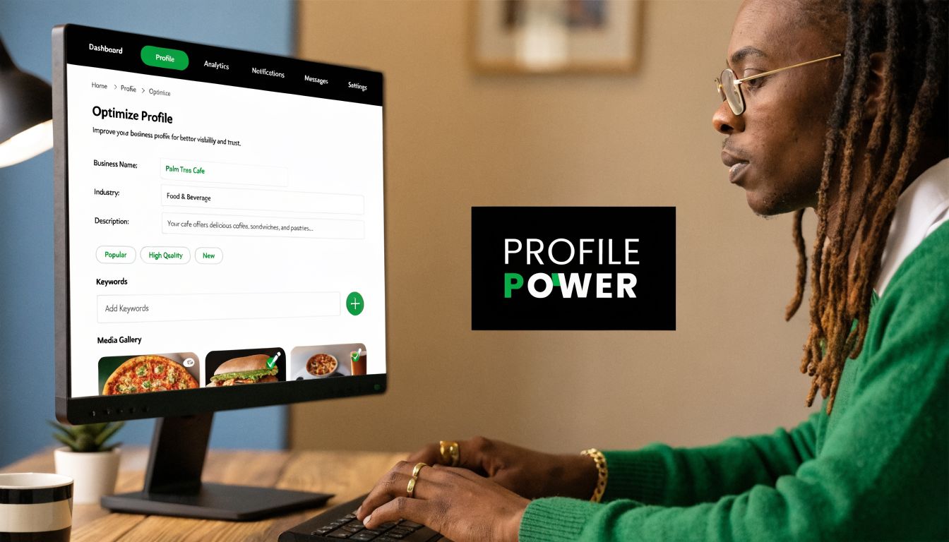 A person sitting at a desk optimizing their business profile on a computer screen for better visibility.