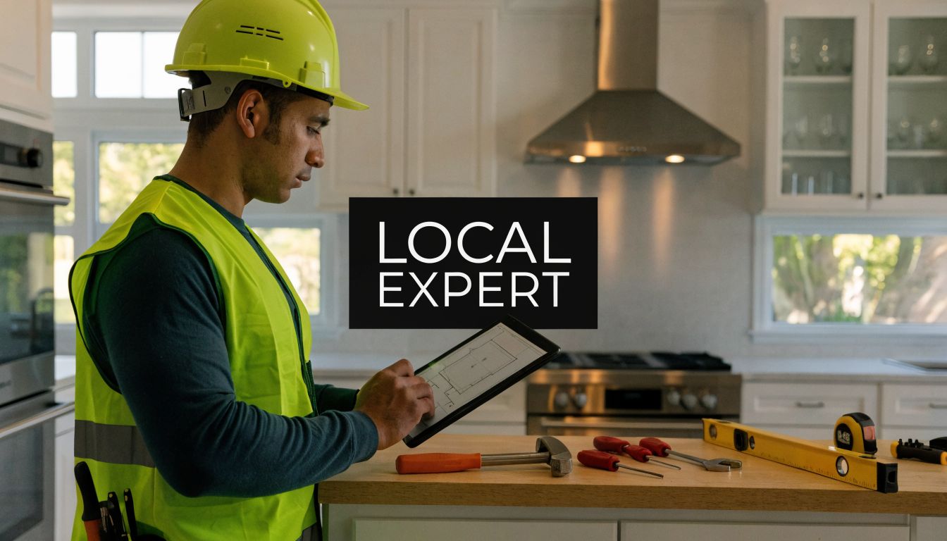 A professional construction expert in a high-visibility vest reviews blueprints on a digital tablet in a kitchen.
