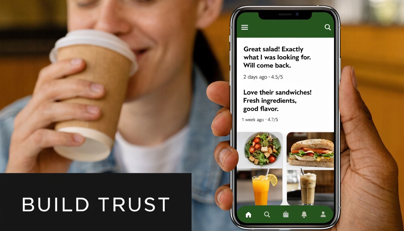 A person holding a smartphone showing customer reviews and food photos to help build business trust.