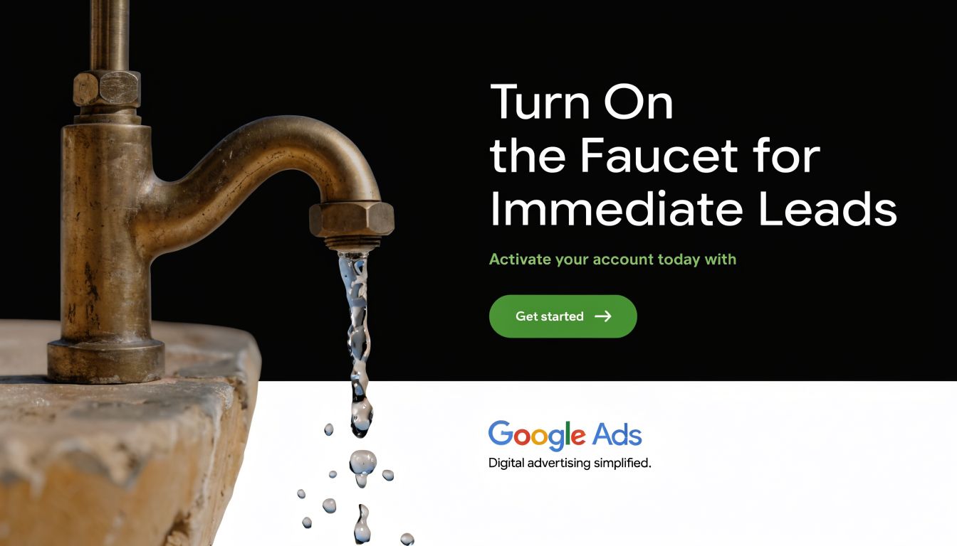 A bronze faucet dripping water onto a surface, promoting Google Ads for lead generation services for contractors.