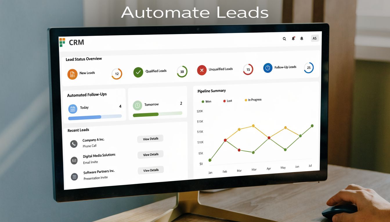 A computer screen displaying a CRM dashboard with lead status statistics and sales pipeline performance graphs.