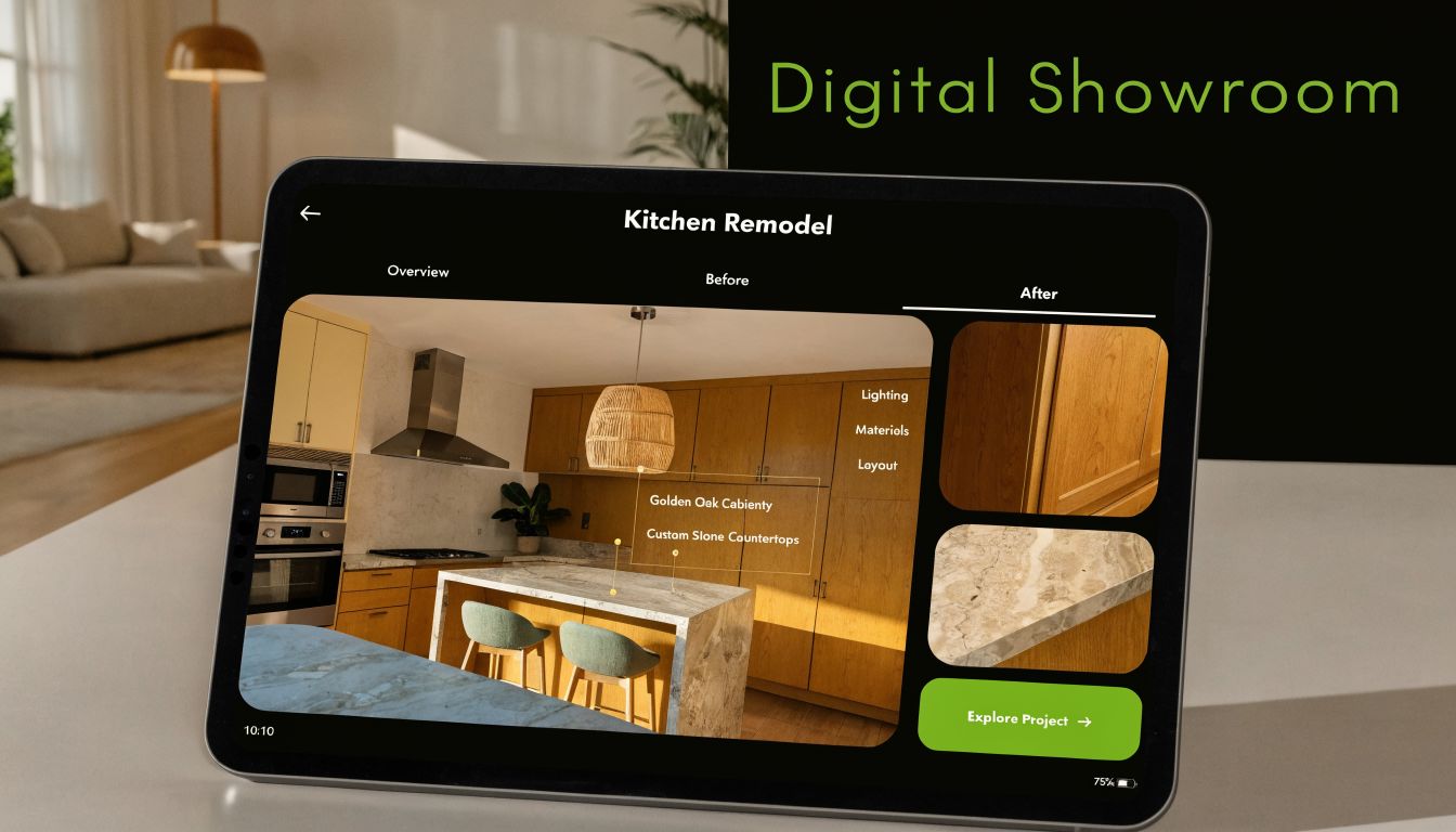 A digital tablet displaying a kitchen remodeling project interface with images of cabinetry and marble countertops.