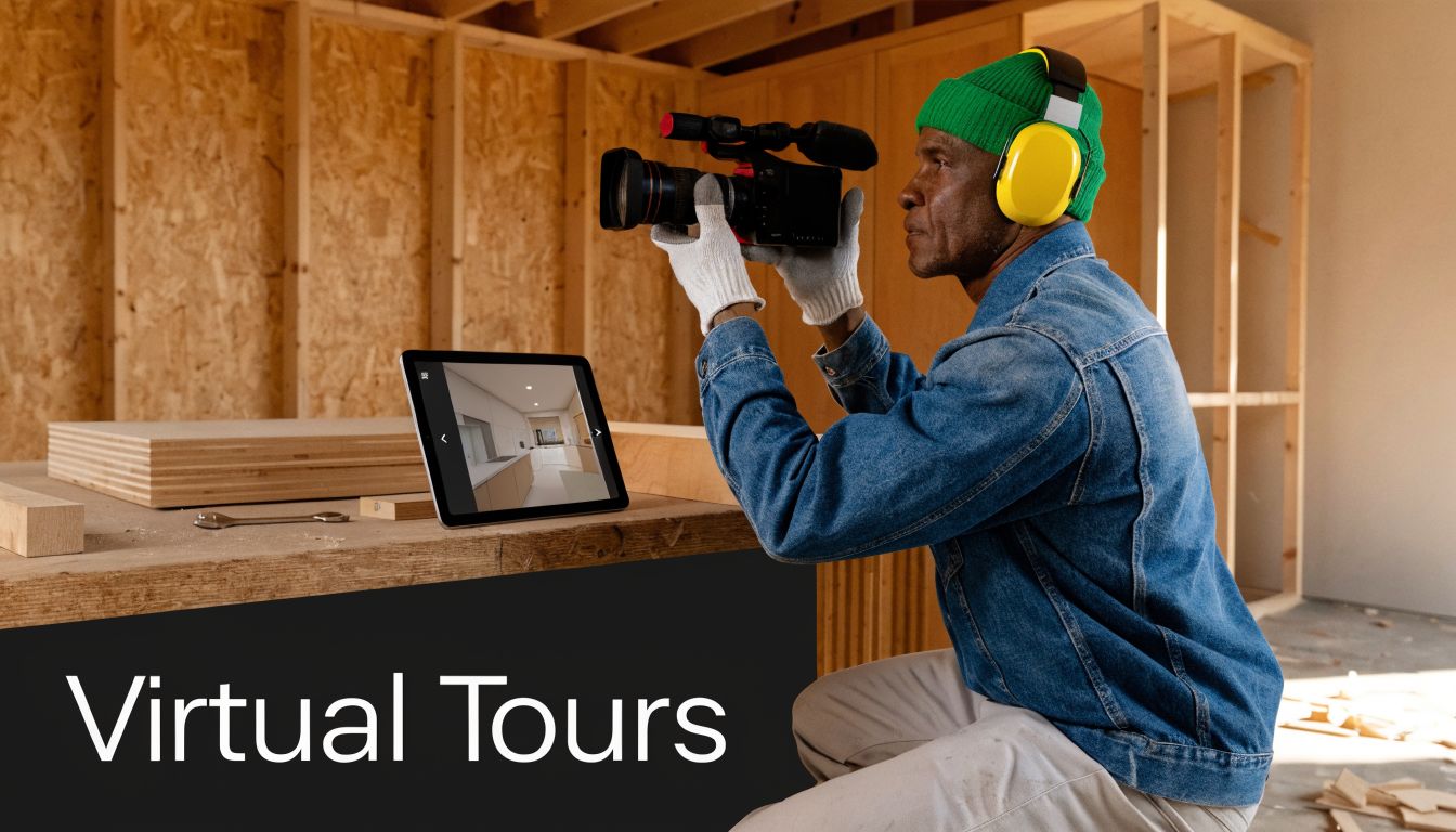 A professional builder in a construction site holding a video camera, with a tablet displaying virtual tours.