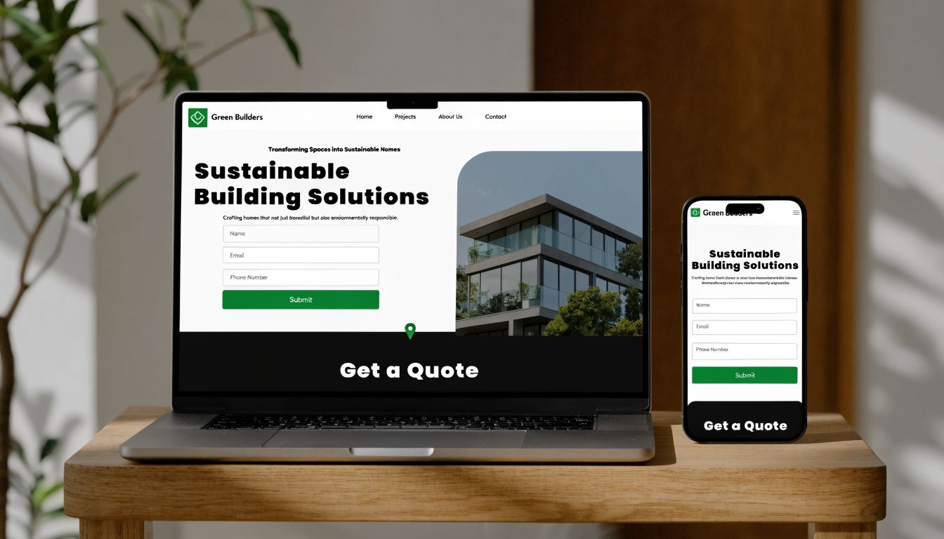 A laptop and smartphone displaying a website for Green Builders with sustainable building service contact forms.