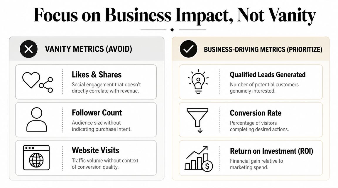 A comparison chart showing vanity metrics to avoid versus business-driving metrics to prioritize for growth.