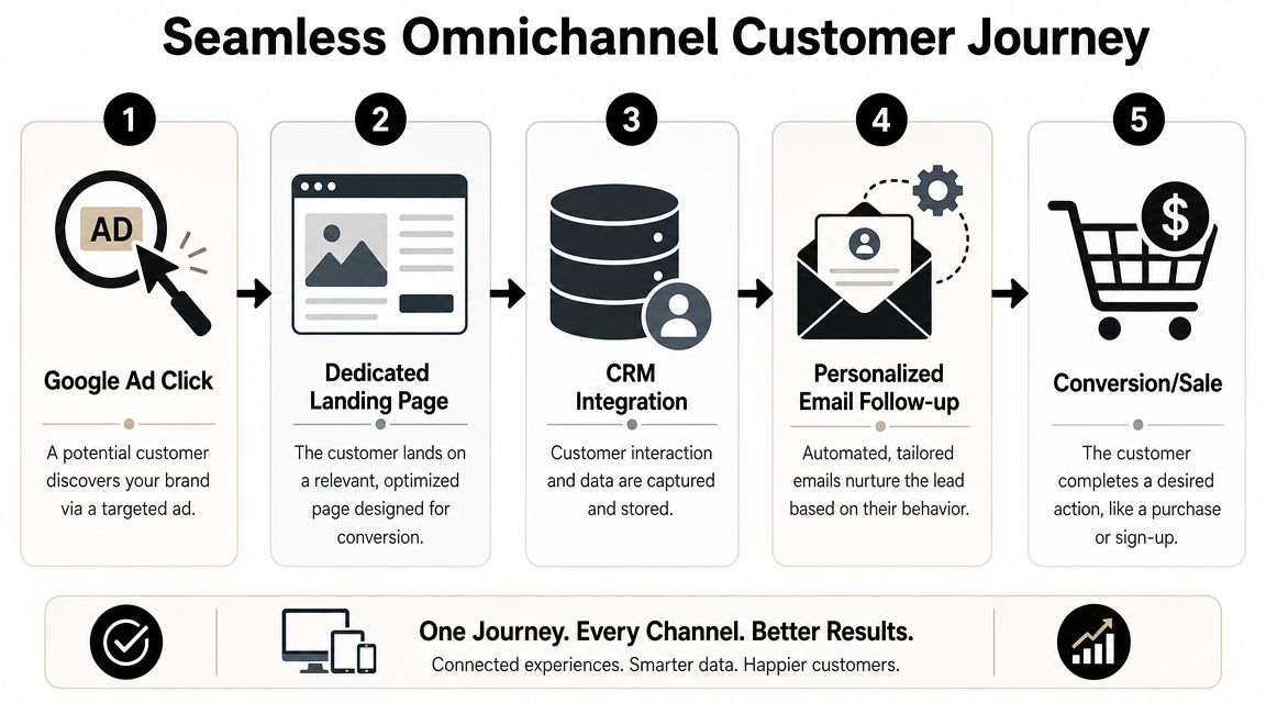 A diagram illustrating a seamless omnichannel customer journey with five steps from ad click to final sale.
