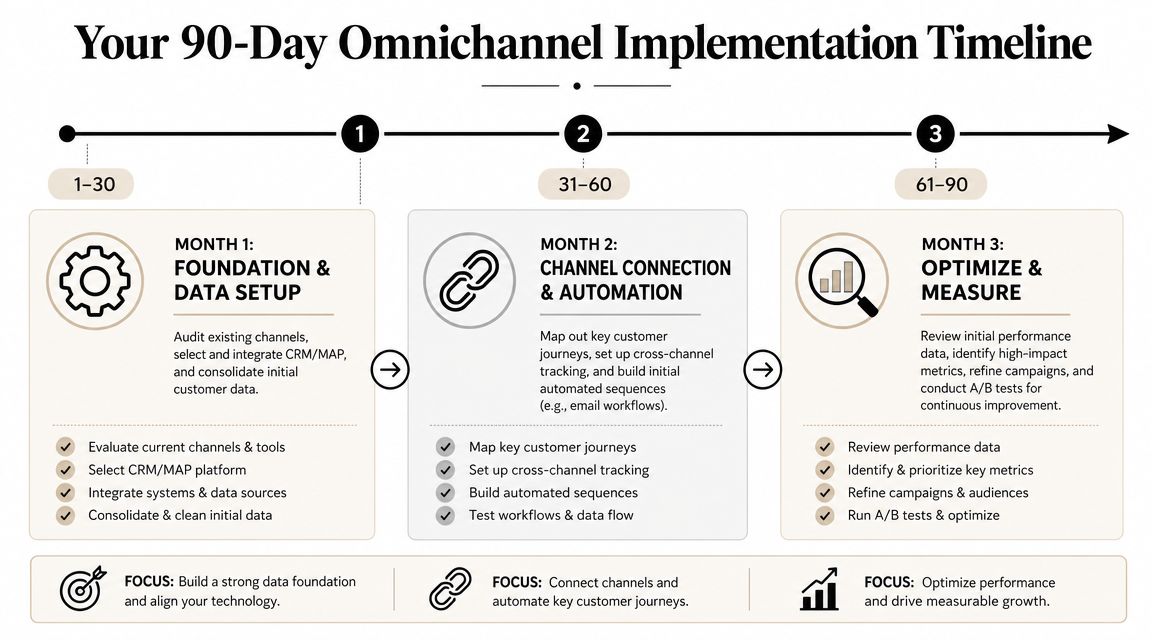 A 90-day omnichannel implementation timeline showing three months of strategic steps for business growth.