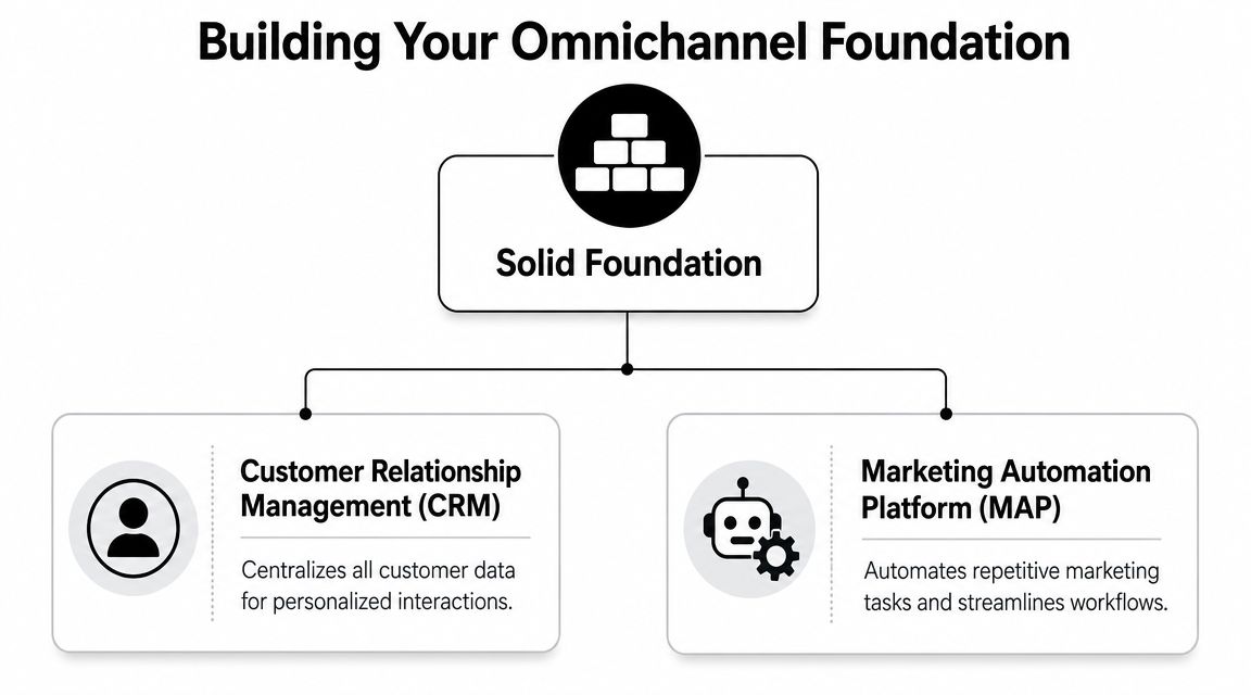 A diagram illustrating the foundation of an omnichannel marketing strategy using CRM and marketing automation platforms.