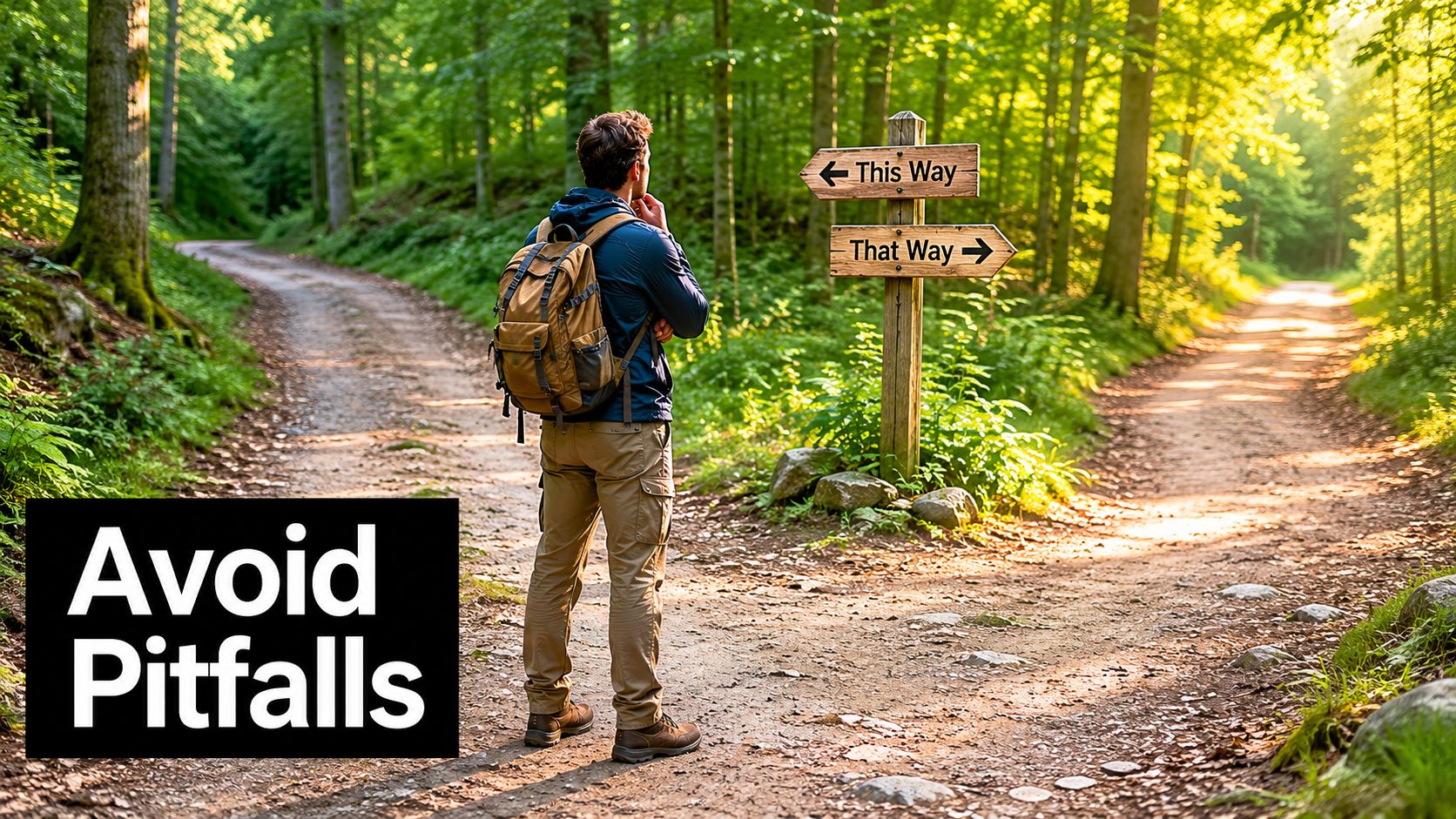 A hiker standing at a fork in the forest path deciding between two directions, symbolizing strategic choices.