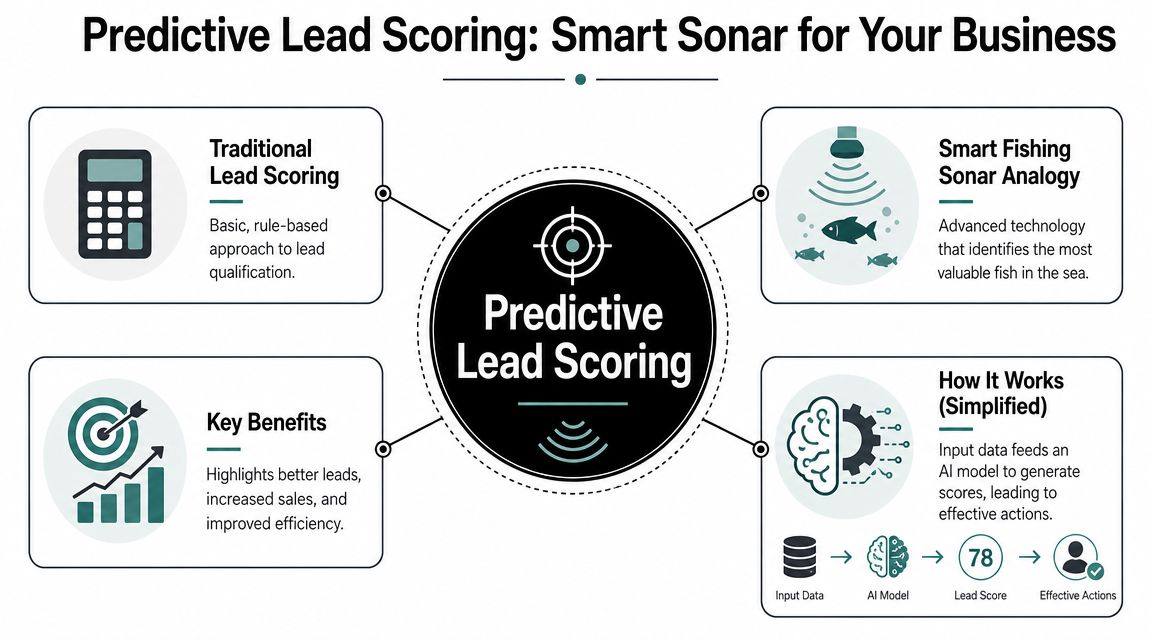 An infographic explaining predictive lead scoring, comparing traditional methods with modern AI-driven sonar-like lead qualification strategies.