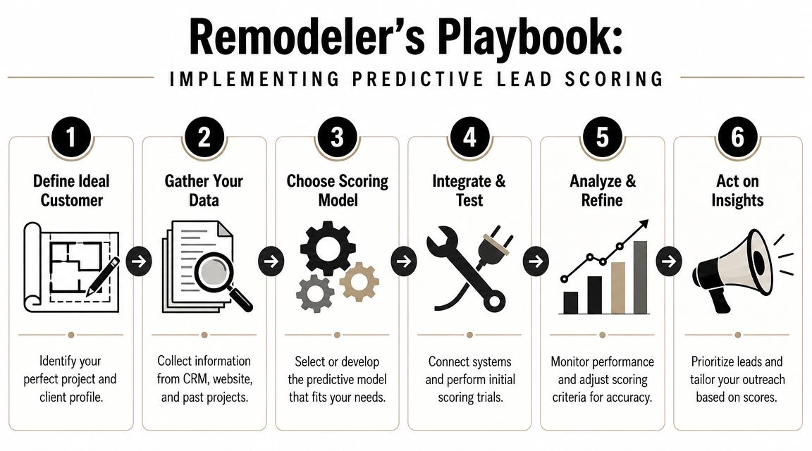 A six-step infographic detailing the process of implementing predictive lead scoring for home remodeling businesses.
