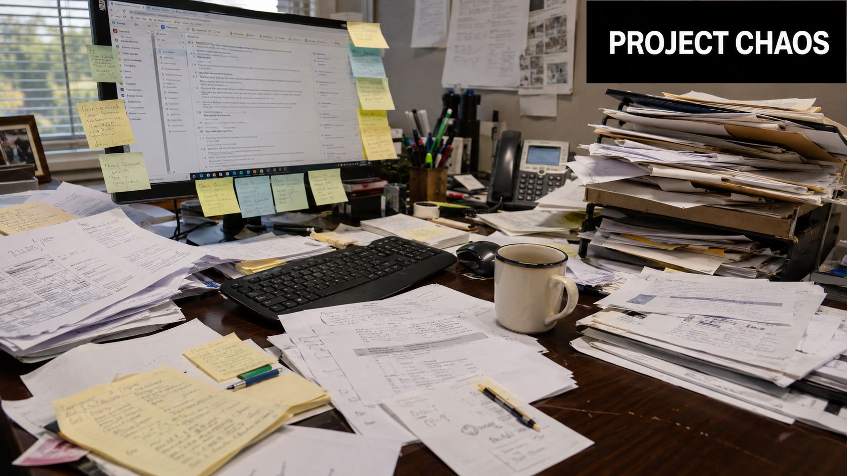 A cluttered office desk with a computer screen, stacks of paperwork, notes, and a coffee mug.