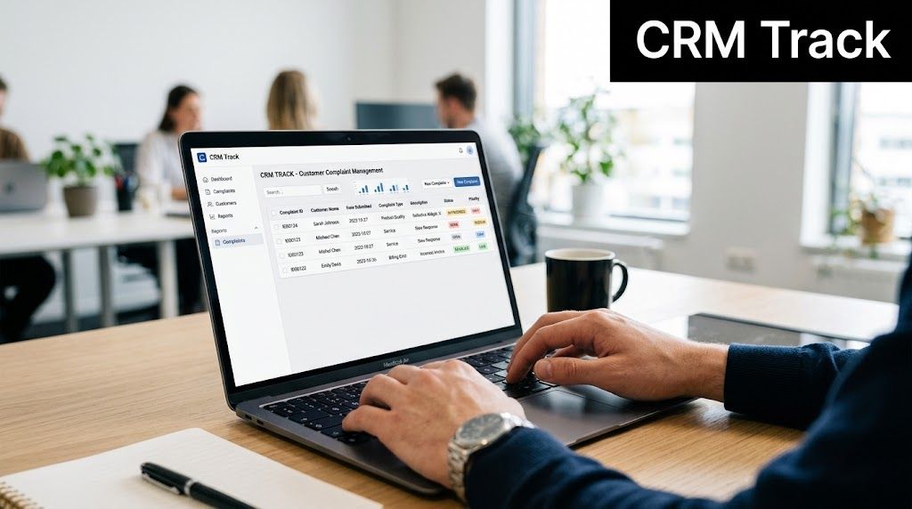 A professional working on a laptop displaying a customer complaint management dashboard in a bright office environment.