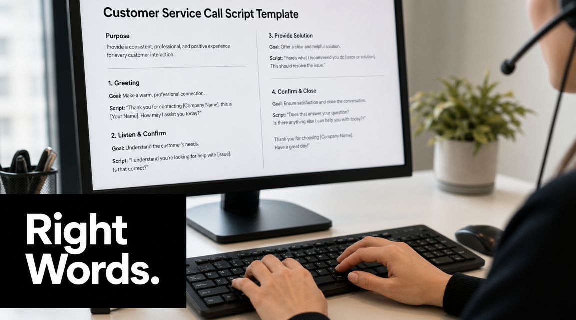 A professional customer service representative typing on a computer, following a structured call script template on screen.