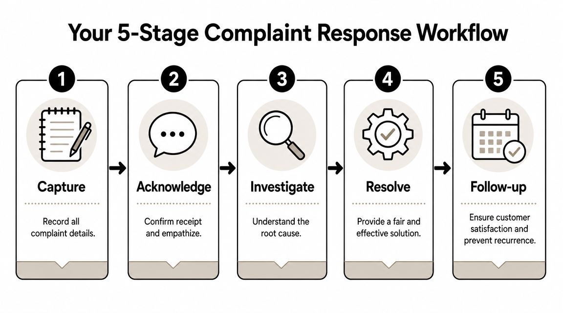 A five-stage complaint response workflow diagram showing the process from capturing details to final follow-up.