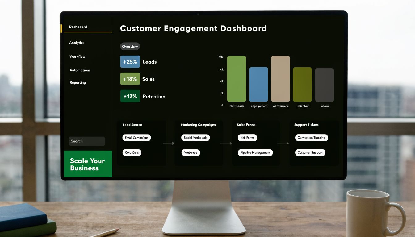A computer monitor on a desk showing a dark-themed customer engagement dashboard with charts and business analytics.