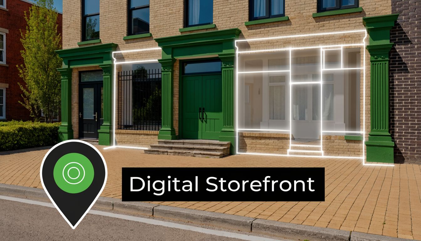 A digital storefront overlay highlighted on a brick building facade with a modern location pin icon.