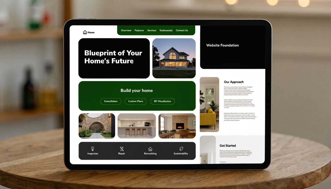 A digital tablet displaying a professional home builder website design featuring services and architectural design concepts.