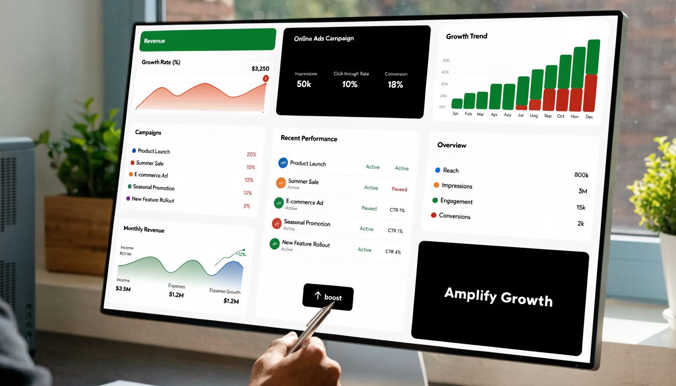 A professional digital dashboard on a computer screen displaying various data charts, business analytics, and marketing metrics.