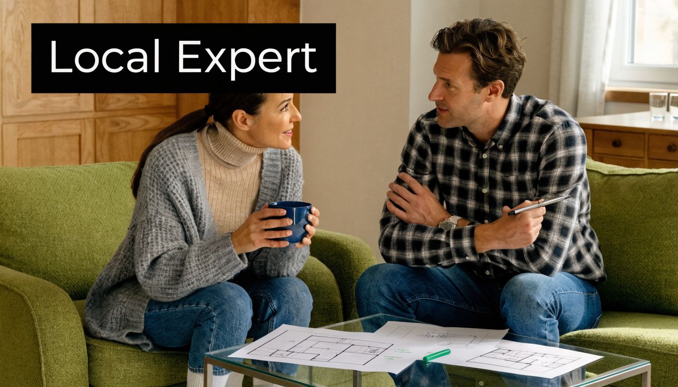 A woman and a man reviewing architectural floor plans while sitting on a comfortable green couch together.