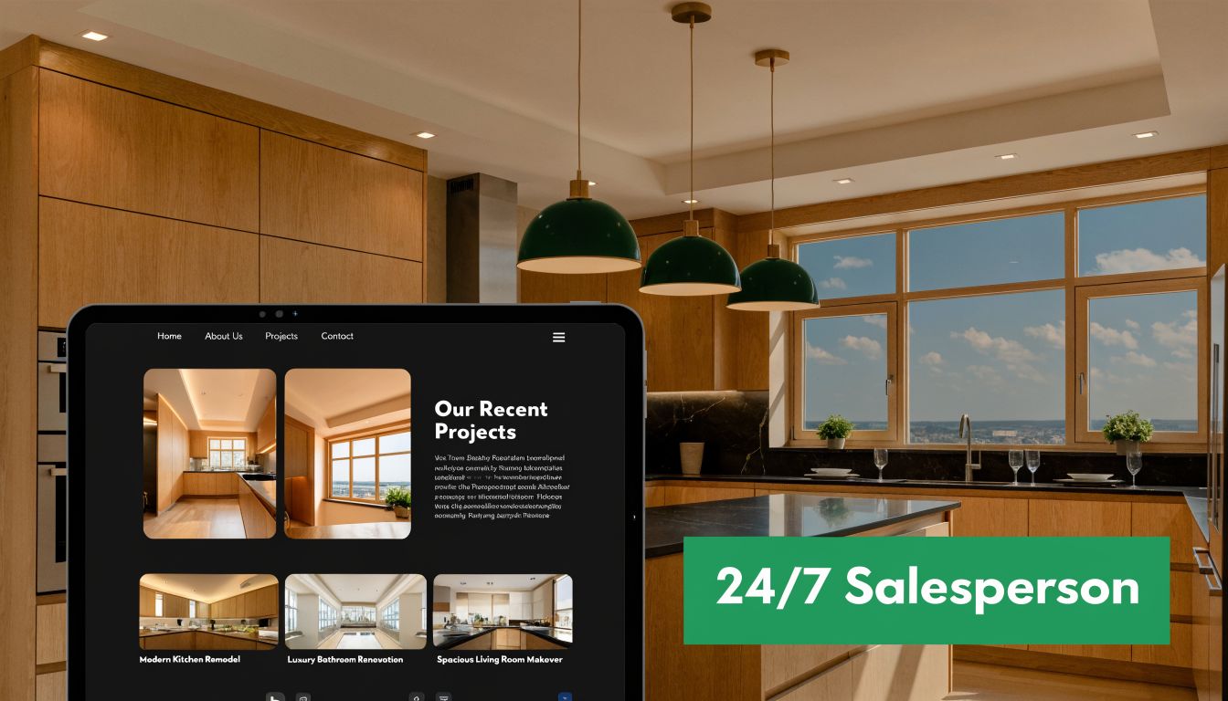 A digital tablet displaying a website portfolio for home remodeling projects in a modern kitchen setting.