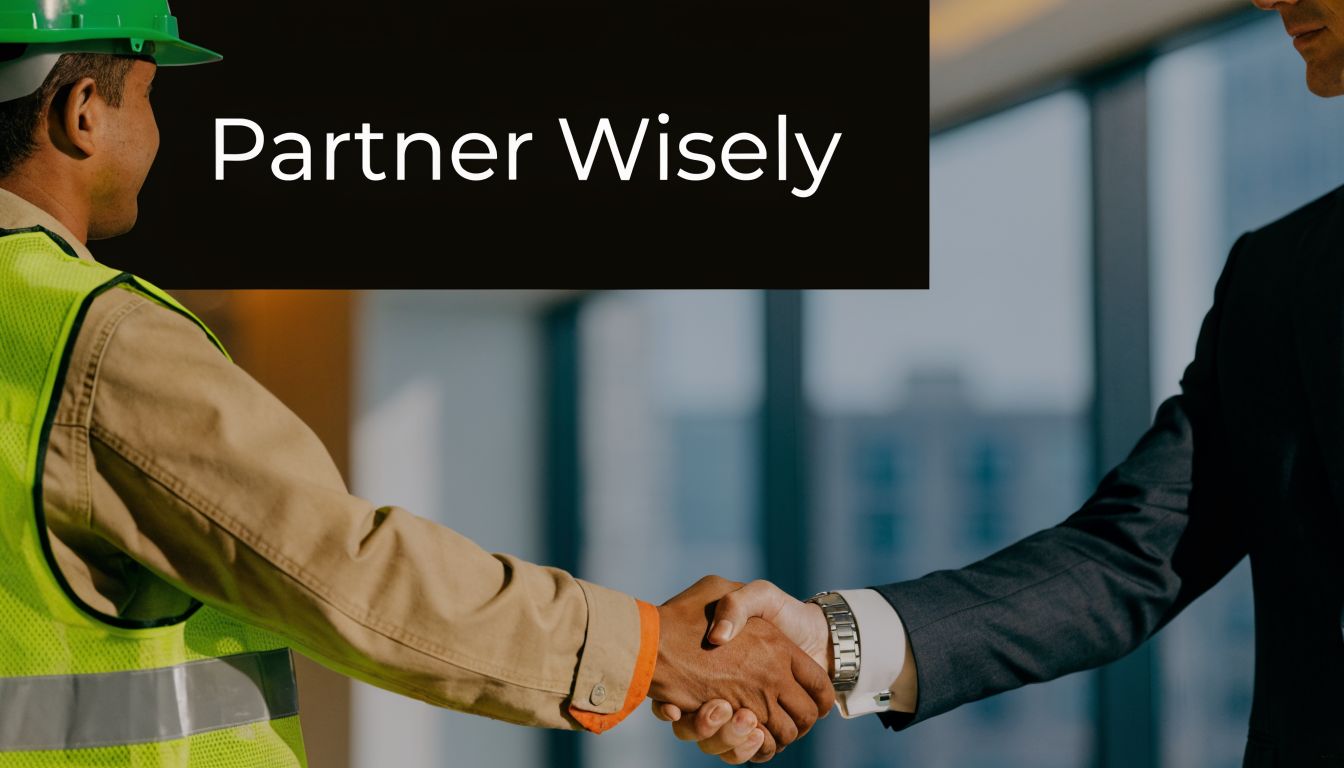 A construction worker in a safety vest and a business person shaking hands in an office.