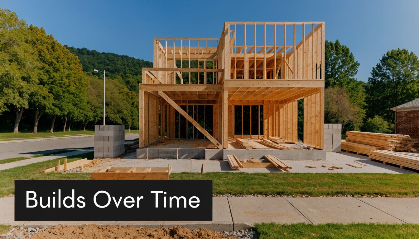 A wooden frame of a two-story residential house under construction on a sunny day.