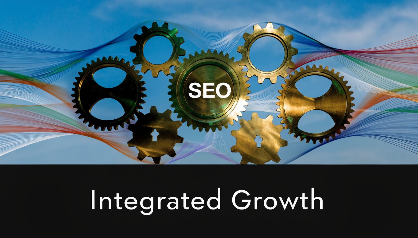 A digital graphic showing golden gear wheels with the text SEO, representing integrated growth strategies.