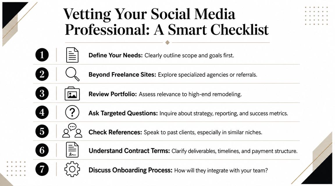 A checklist titled Vetting Your Social Media Professional containing seven numbered steps for hiring social media services.