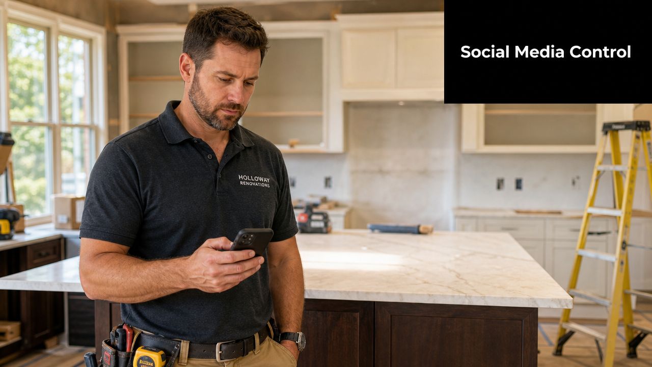 A professional contractor in a kitchen renovation workspace checking a project status on his mobile phone.