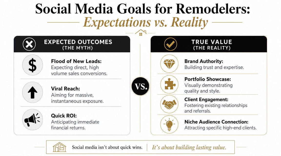 An infographic comparing common social media myths with the reality of building value for professional remodeling businesses.