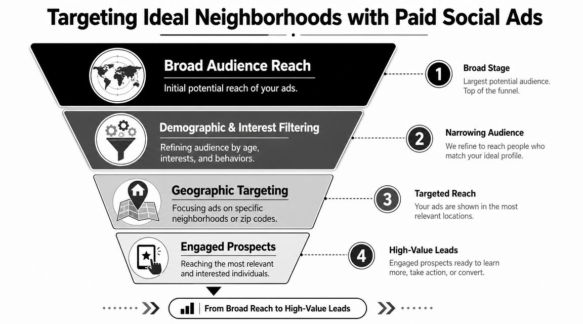 A funnel diagram explaining how to target ideal neighborhoods for businesses using paid social media advertising strategies.