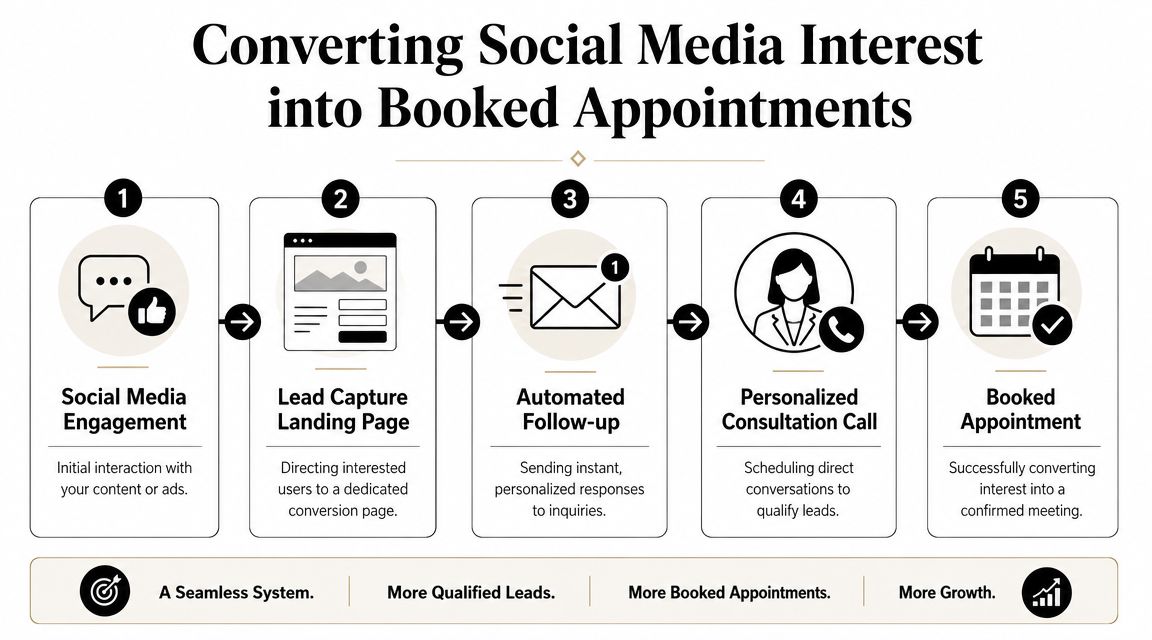 A five-step infographic showing how to convert social media engagement into booked client appointments for business.