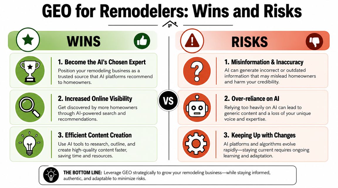 A graphic highlighting the benefits and risks of Generative Engine Optimization for the remodeling business industry.