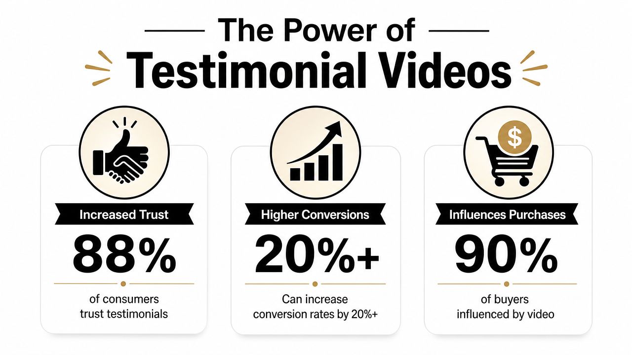 An infographic illustrating the benefits of customer testimonial videos including increased trust, higher conversions, and purchasing influence.
