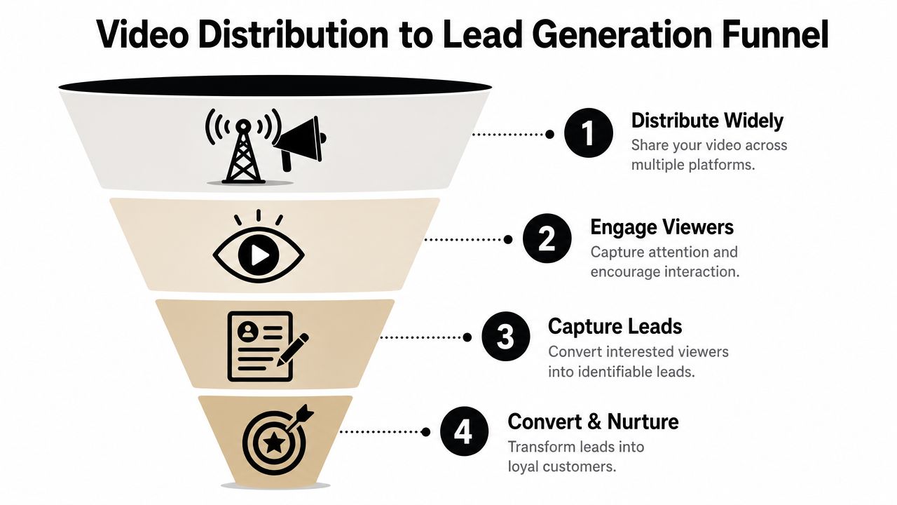 A four-step funnel diagram illustrating the process of using video distribution for effective lead generation.