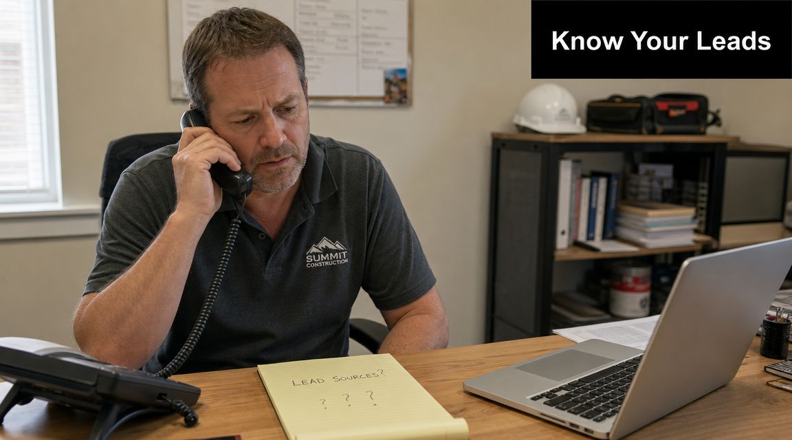 A construction manager talking on the phone while looking at a notepad labeled Lead Sources.