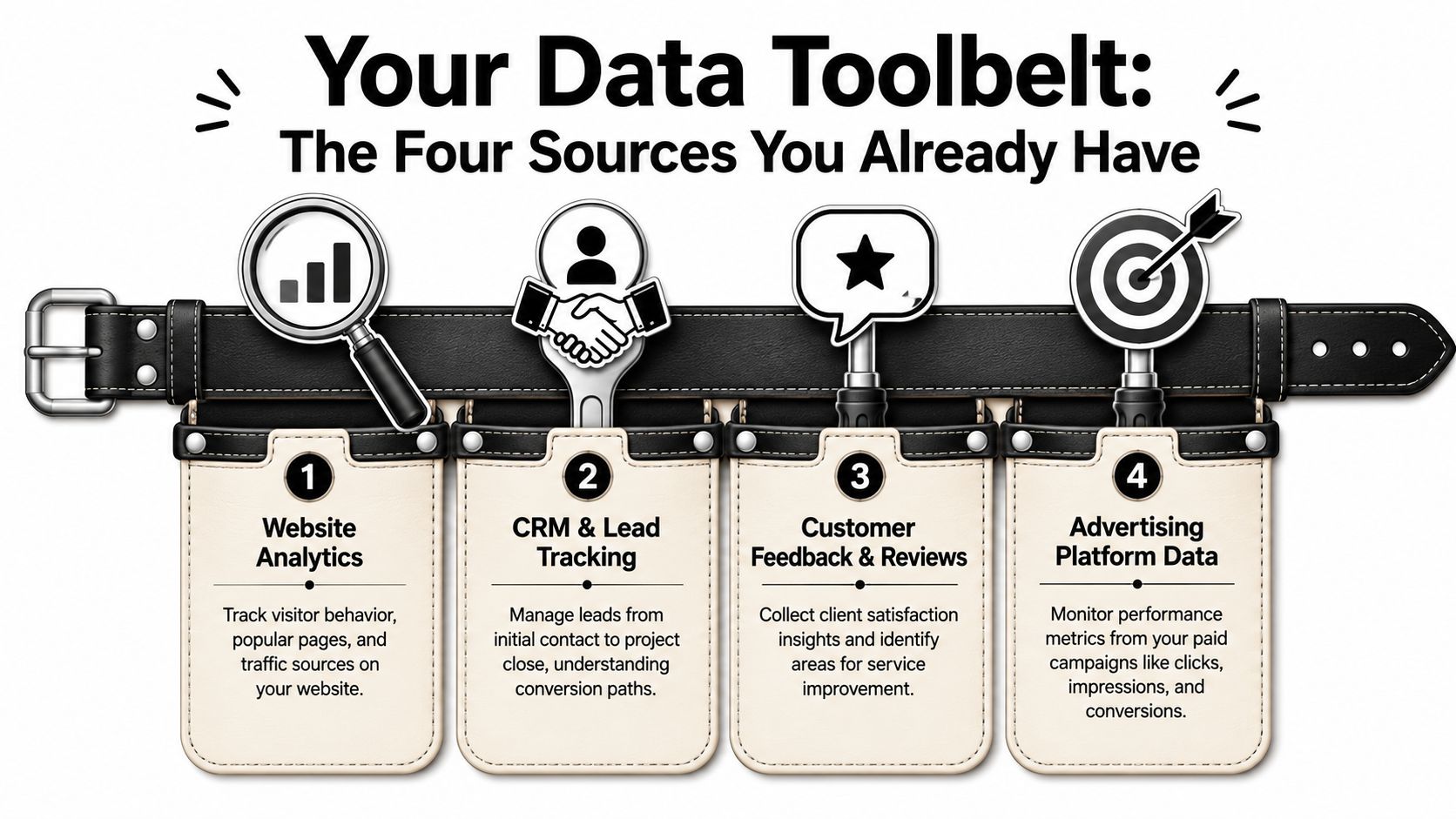 An infographic titled Your Data Toolbelt showing four essential business data sources displayed on a belt.