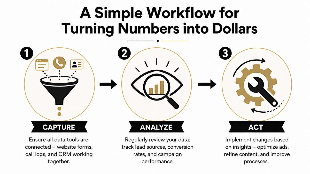 An infographic showing a three-step workflow: capture data, analyze performance, and act on marketing insights.