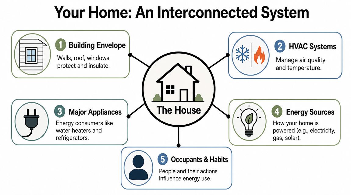 A diagram illustrating how five interconnected elements influence a home's overall energy efficiency and system performance.