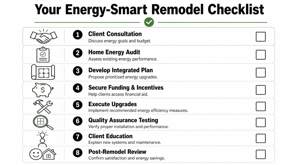 A professional checklist for energy-smart home remodeling steps, from client consultation to final post-remodel review.