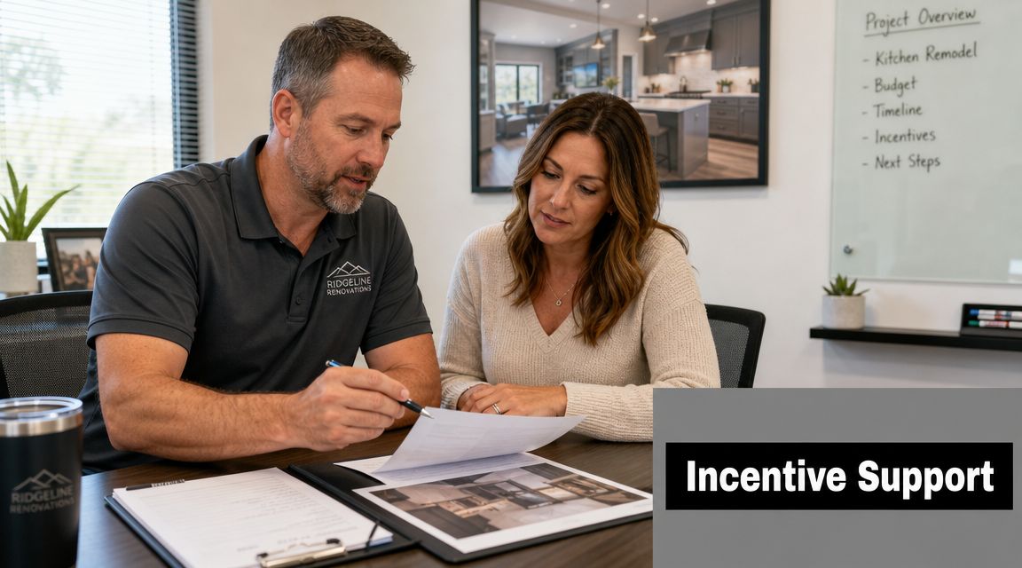 A professional contractor discusses energy efficient home upgrades with a client during a design consultation meeting.
