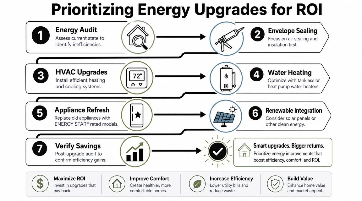 A seven-step guide illustrating how to prioritize home energy upgrades to improve efficiency and maximize investment returns.