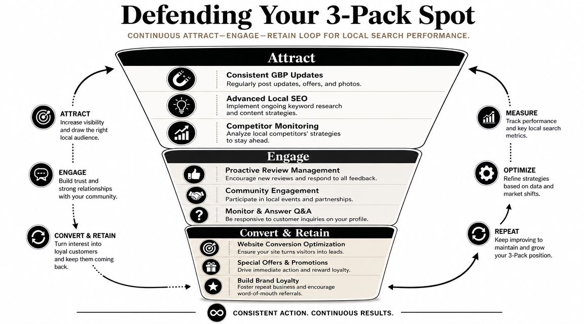 An infographic showing a three-stage funnel for defending a Google 3-Pack local search position.
